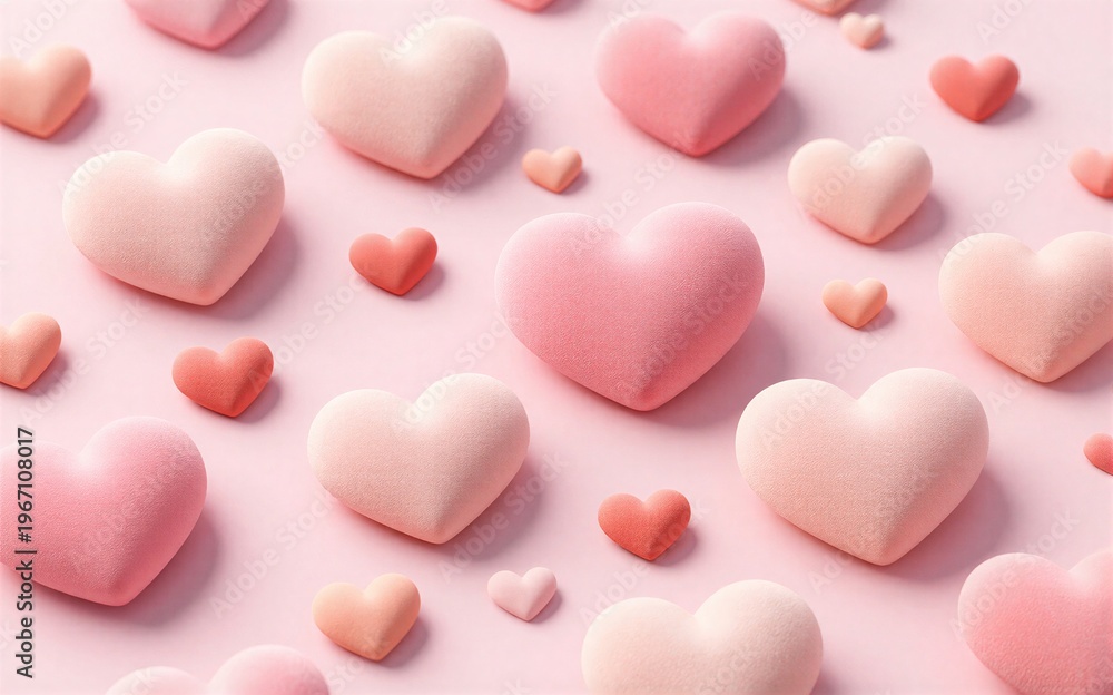 Obraz premium Soft pink hearts scattered across a gentle pastel background evoking