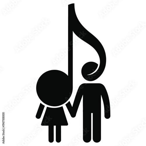Music notes and people icons holding hands with musical note symbolizing harmony and love through music connecting souls in duet celebration