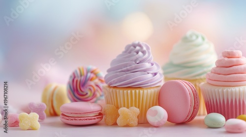 マカロンとお菓子の詰め合わせパステルカラー背景イラスト