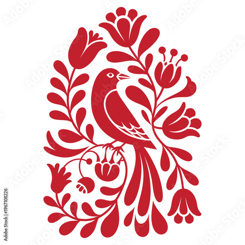 Red bird silhouette perched on a branch with stylized flowers and leaves, Hungarian folk art inspired, vector cutout design, isolated on transparent background