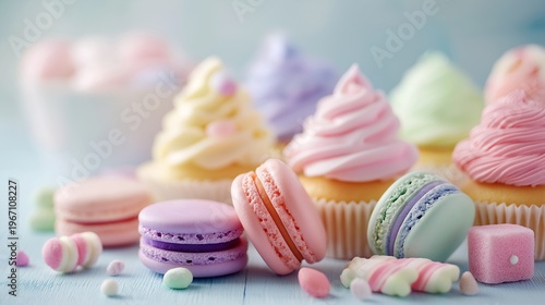 色とりどりのマカロンとドーナツのスイーツアソート背景グラフィック