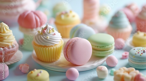 パステルカラーのスイーツ盛り合わせとマカロンの背景イラスト素材