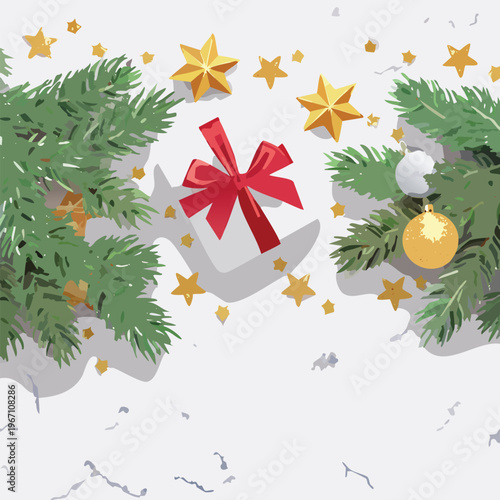 Festive christmas gift with ornaments and stars on white background
