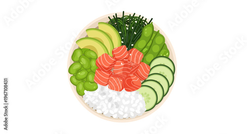 A vibrant bowl of sushi with salmon avocado cucumber and edamame on rice