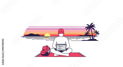 Man sits on a beach at sunset with laptop and backpack on a yoga mat