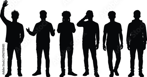 Human silhouettes, diverse hairstyles, expressive poses, body language illustration, standing figures, personality concept, lifestyle vector, artistic design, communication composition