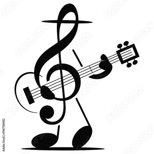 Treble clef embracing a ukulele with musical notes symbolizing musical instrument education and learning melody and harmony in music