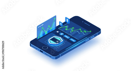 A smartphone displays a security shield and graphs on its screen in an isometric view.