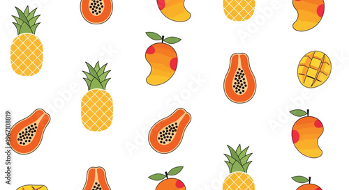 Colorful illustrations of various fruits on white background including pineapple and pear