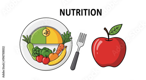 A plate of colorful fruits and vegetables with a fork next to a red apple for healthy nutrition.