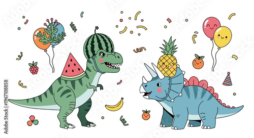 Dinosaurs celebrate a festive party with colorful balloons and tasty fruits around them.