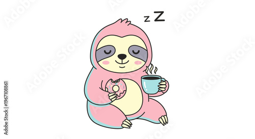 A cute cartoon sloth enjoys a donut and coffee while sleeping.