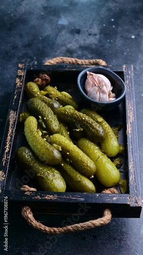 Pickles and garlic served in a wooden tray on a dark table with a rustic setting highlighting homemade food preparation