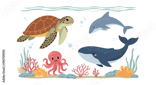 Marine animals swim together underwater with coral reef and seaweed in ocean.