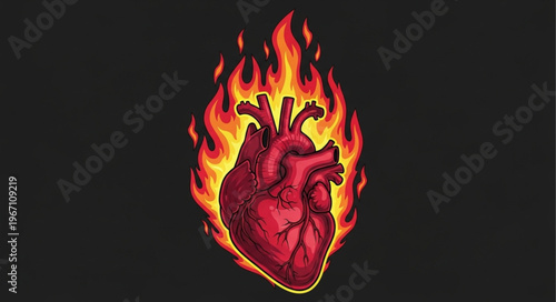 Anatomical Heart On Fire With Flames.