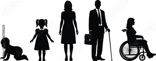 Human life cycle silhouettes, baby crawling, childhood girl, adult woman, elderly man with cane, wheelchair figure, aging process illustration, vector design