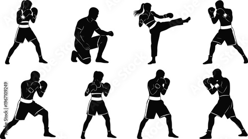 Boxing silhouettes, martial arts poses, combat stances, fighter illustration, punching kicking movements, dynamic sports vector, training design, athletic body language composition