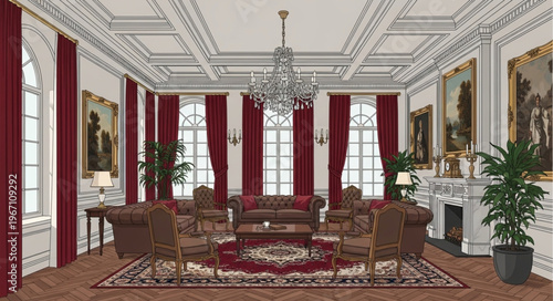 Elegant Drawing Room Interior Design with Ornate Details.
