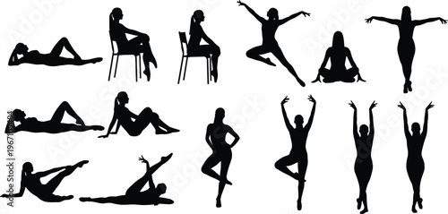 Silhouette poses, human movement, dance positions, meditation illustration, seated figure, reclining posture, artistic vector, lifestyle design, body language composition