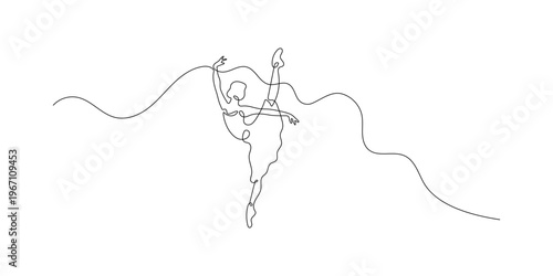 A graceful ballerina performs a dynamic and elegant high kick, captured in a fluid continuous one-line art style, conveying movement and artistic expression on a clean white background.