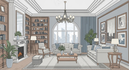Elegant living room interior design sketch with fireplace and chandelier.