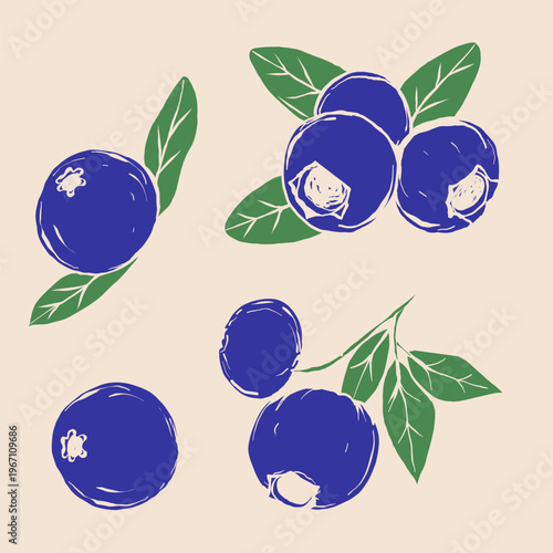 Blueberries and leaves printed on risograph, background for fabrics, textiles, packaging and wallpaper. Vector illustration