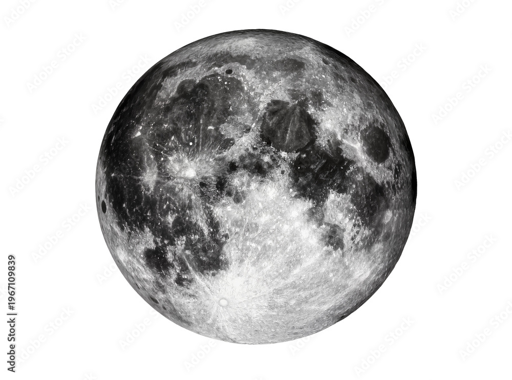 Obraz premium Isolated detailed full moon with visible craters, rugged terrain, and dark lunar maria