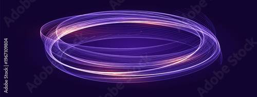 Glow Purple Light Ring, Neon Luminous Energy Circle with Bright Shine. Futuristic Motion Halo, Sci-Fi Portal Effect on Dark Background. AI Data Speedy Vortex Rings. Vector Illustration