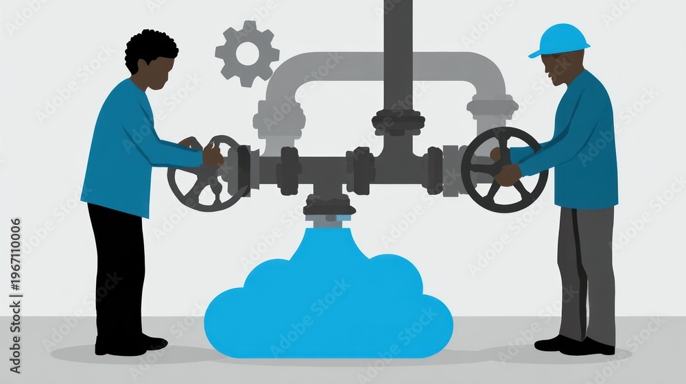 custom made wallpaper toronto digitalTwo workers adjusting valves atop a cloud. Pipes and cogs appear in grayscale backdrop