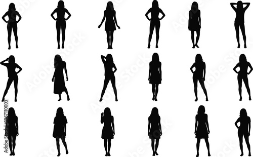 Women silhouette poses, standing posture variations, fashion illustration, modeling design, character representation, body language study, artistic vector, modern composition