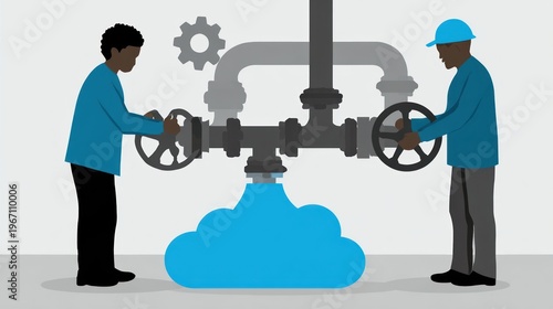 Wallpaper Mural Two workers adjusting valves atop a cloud. Pipes and cogs appear in grayscale backdrop Torontodigital.ca