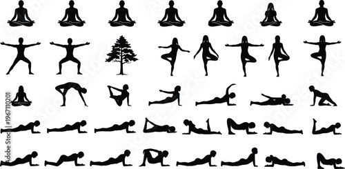 Yoga poses collection, meditation, balance, stretching, plank, exercise, fitness, wellness, silhouette, tree, nature, isolated, black, white, posture, flexibility, workout, health, spiritual, calm, 