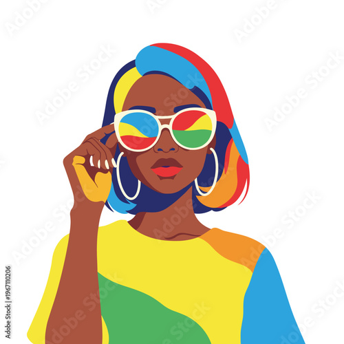 African American teen girl posing confidently with colorful shades on a white background
