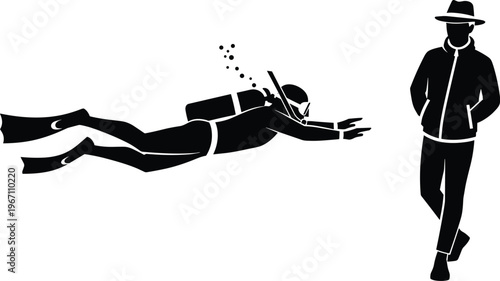 Scuba diver silhouette, underwater bubbles, casual standing man, lifestyle contrast, ocean exploration, land leisure, black illustration, modern vector design