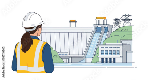 Female Engineer Overseeing Hydroelectric Dam Power Generation and Water Flow