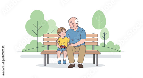 Grandfather and Grandson Sitting on Park Bench, Sharing Toy Car, Bonding