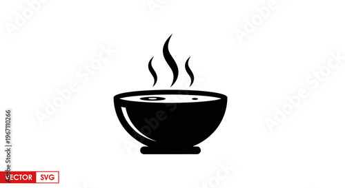 Hot Soup Bowl Icon with Steam, Black Silhouette on White Background