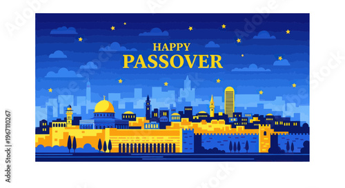Happy Passover Jerusalem Skyline with Dome of the Rock and Stars