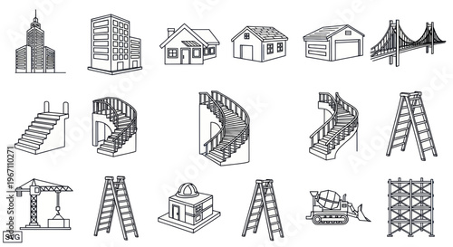 Hand-drawn building elements and construction icons vector set