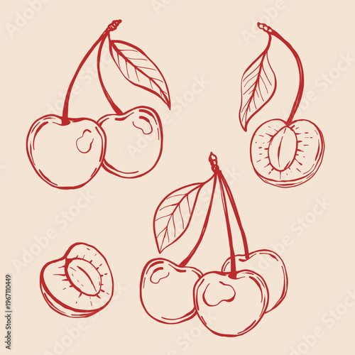 Set of red cherries with bows. Cute vintage elements collection. Flat vector illustrations set. Trendy chery vibe for design.