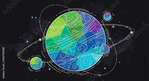 Colorful abstract planet with orbiting moons and geometric lines.