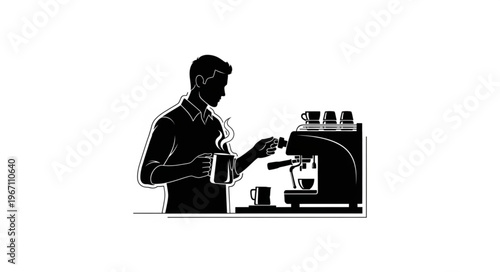 Barista making coffee with espresso machine silhouette.