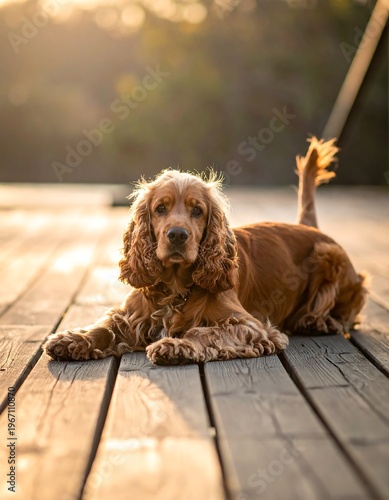 A golden-brown dog with long, curly fur rests on wooden planks. The setting sun casts a warm glow, highlighting the animal's features