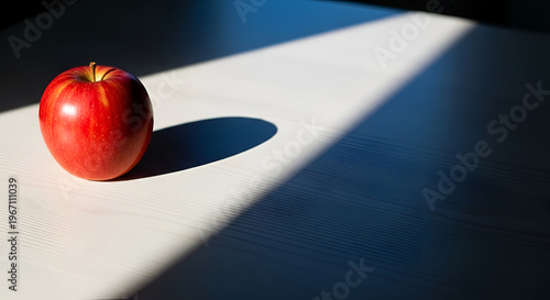 Red Gala Apple on White Wooden Table with Dramatic Sunbeam and Sharp Shadows, Minimalist Still Life Photography, Concept of Healthy Eating and Simplicity, Artistic High Contrast Food Background