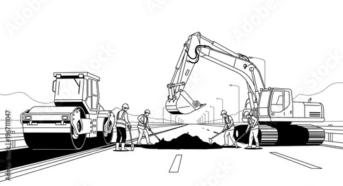 Construction workers operate heavy machinery on a road construction site.