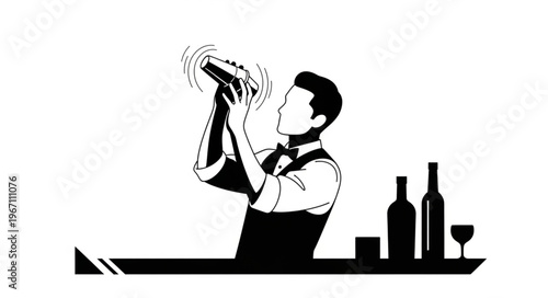 Bartender Shaking Cocktail in Bar with Bottles and Glass.