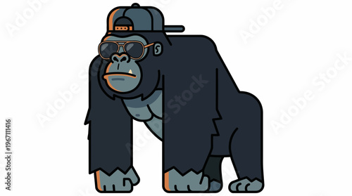 A cool cartoon gorilla wearing a backward baseball cap and stylish sunglasses, standing upright.