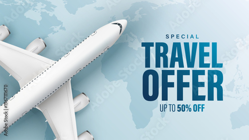 Travel Offer airplane with offering SALE 50 OFF. Reservations and discounts on tickets. Advertising Discounts symbol. New offer post design. Plane on globe travel offer.
