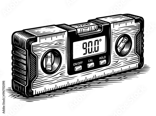 Vintage Digital Level Surveying Instrument Engraving Illustration Black and White Line Art