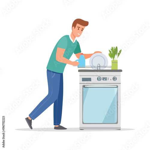 Man washing dishes by sink in cartoon style isolated on white background